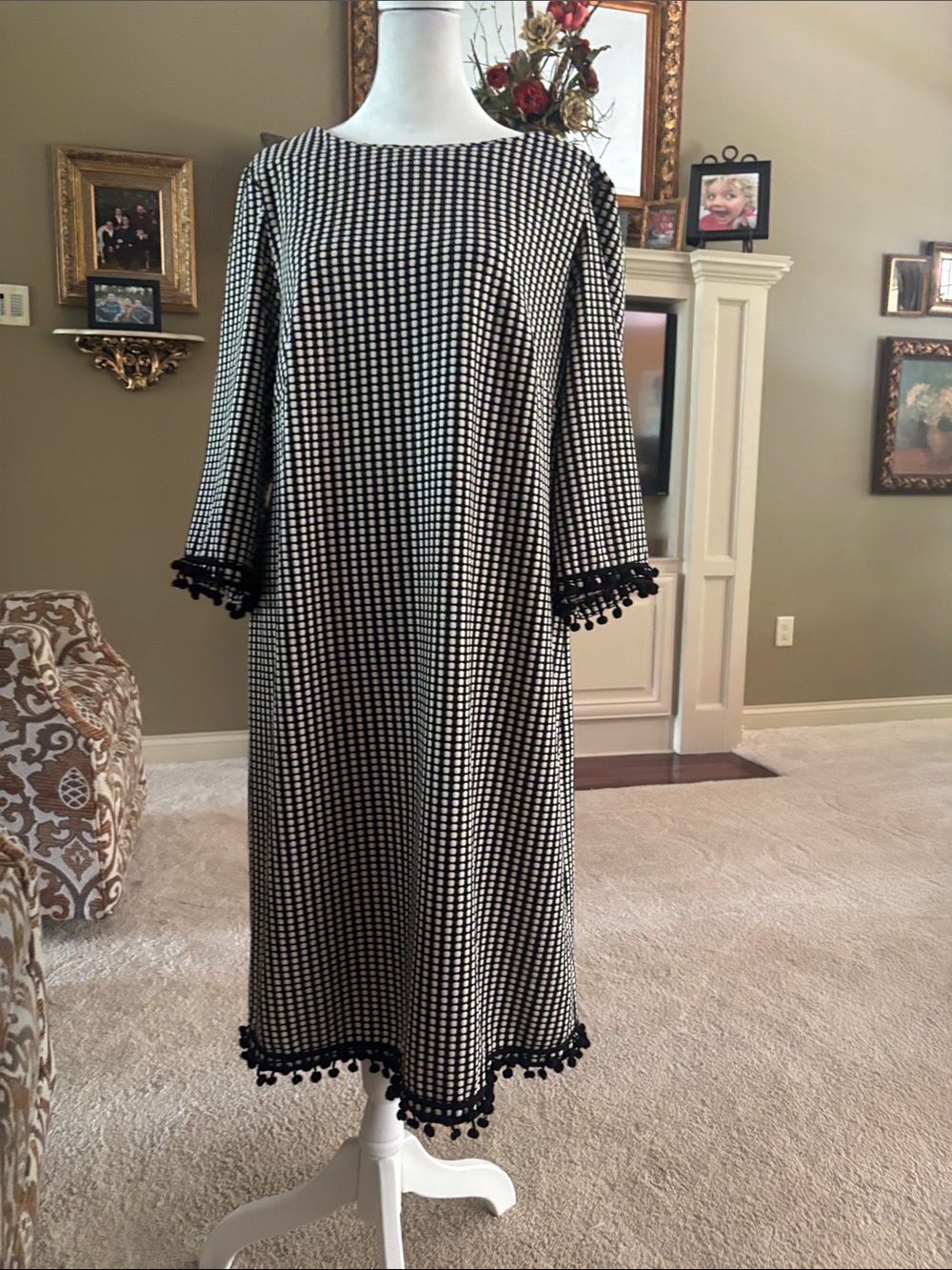 madison leigh Black & White Gingham Midi Dress with Pom Trim